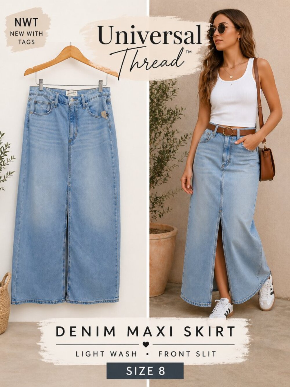 NWT Universal Thread Denim Maxi Skirt Light Wash Slit Size 8